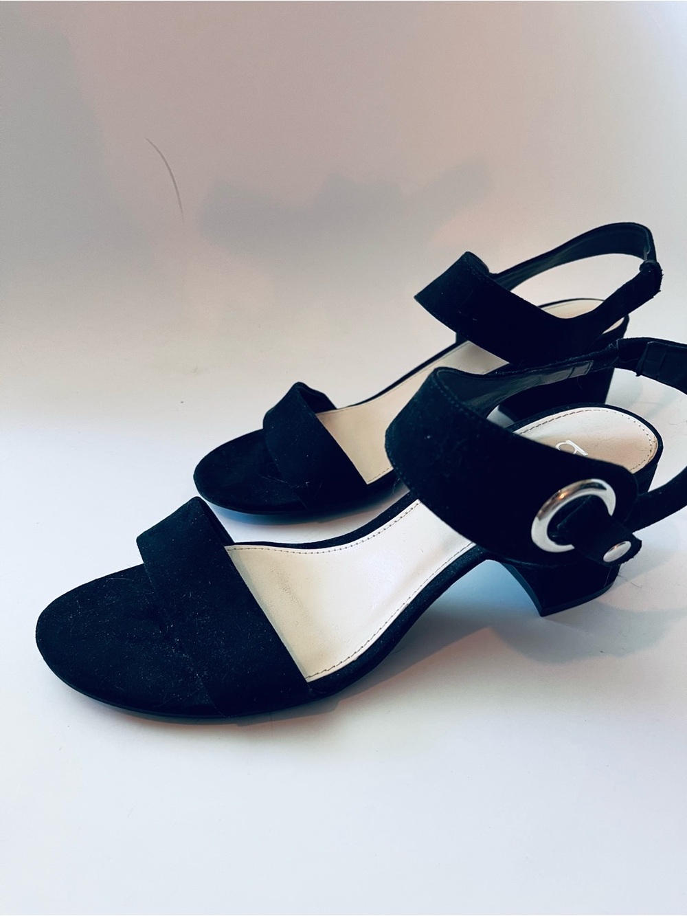 Bar III Black Suede Open-Toe Block Heel Sandals with Silver Buckle